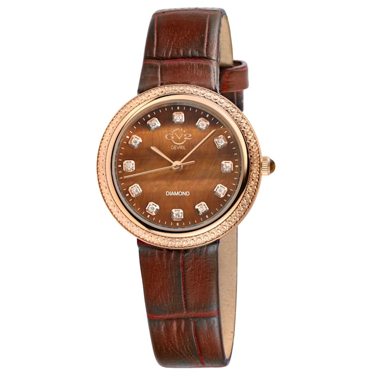 GV2 Arezzo Women's Diamond Watch, Genuine Italian Handmade Brown Leather Strap