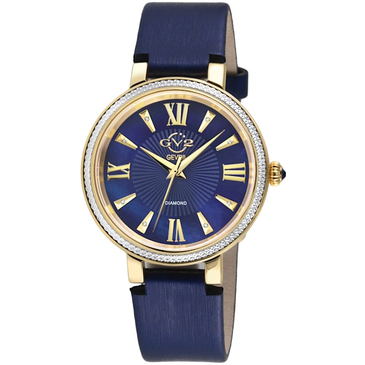GV2 Women's Genoa Blue MOP Dial, Stainless Steel Diamond Watch with
Leather Strap