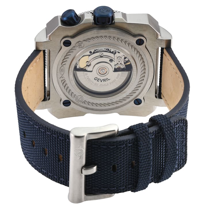 GV2 Men's XO Submarine, SS Case, SS/BLUE Bezel, Black Dial, Genuine Blue
Canvas Strap