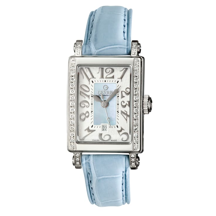 Gevril Women's Avenue of Americas Super Mini MOP Dial Light Blue Leather Watch