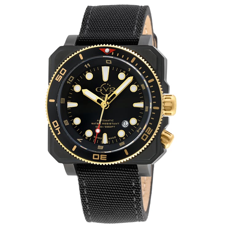 GV2 Men's XO Submarine Black Case, GP/BLK Bezel, Black Dial, Genuine
Black Canvas Strap