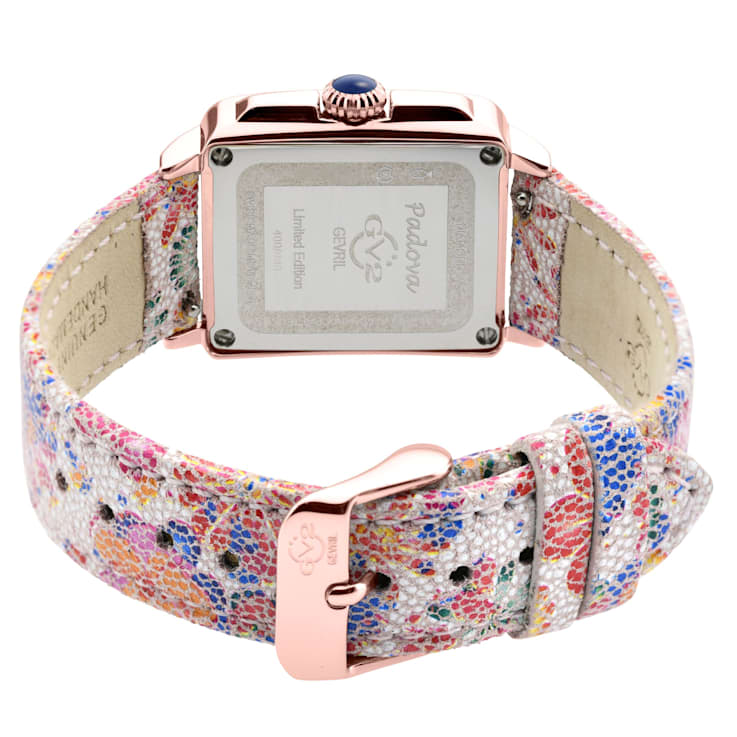 GV2 Womens Padova Gemstone White Dial.Pink Floral Leather Strap