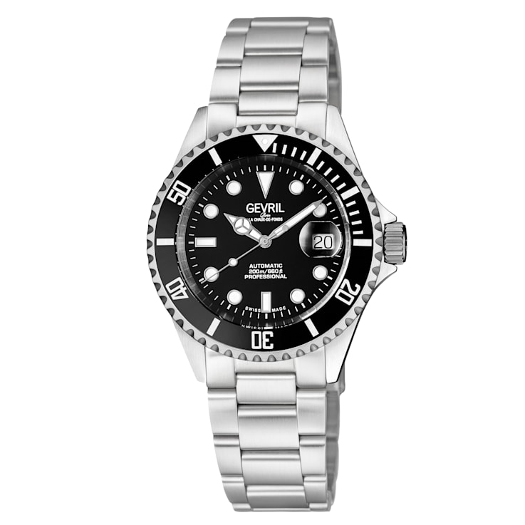 Gevril Men's Wall Street BLK  Dial BLK Ceramic Bezel  Stainless Steel Bracelet