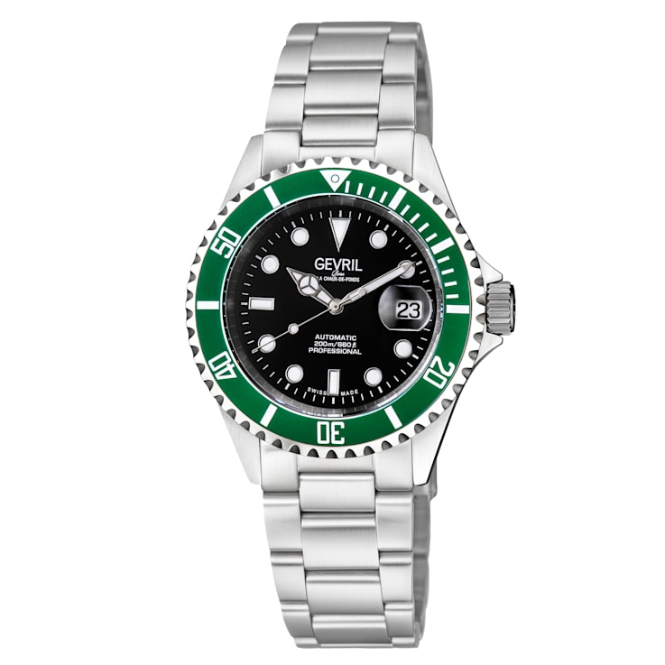 Gevril Men's Wall Street black Dial Green Bezel Stainless Steel Bracelet