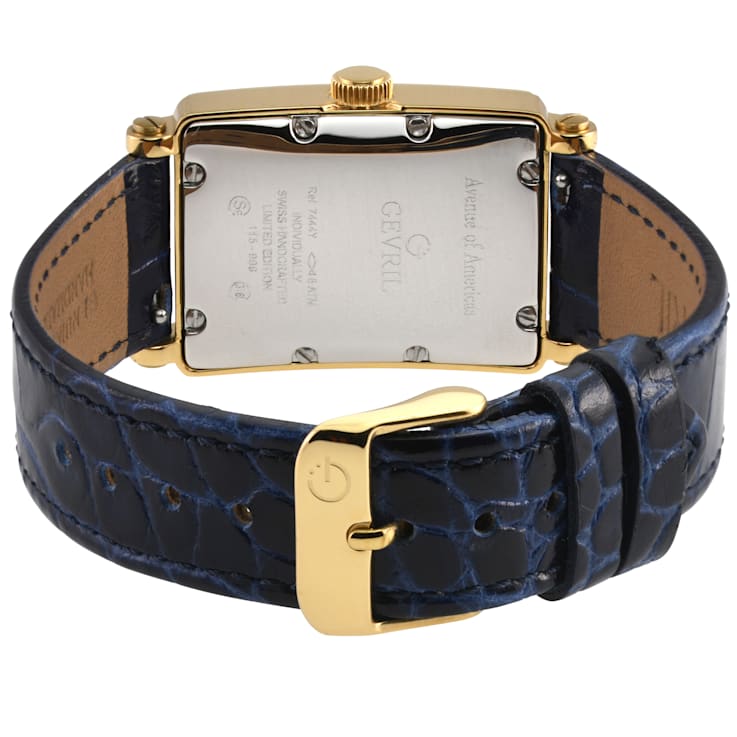 Gevril Ave of Americas Mini Women’s IPYG SS Case, White MOP Dial Watch,
Genuine Blue Leather Strap