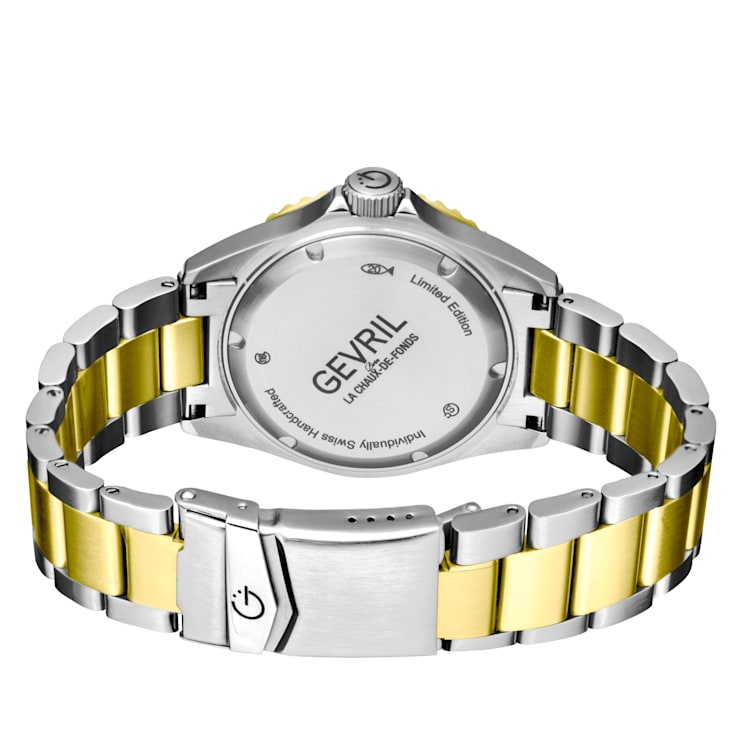 Gevril Men's Wall Street Black Dial Two Tone IP Gold Stainless Steel
Bracelet Watch