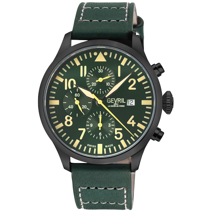 Gevril Men's Vaughn 316L Stainless Steel Black Case, Green Dial, Genuine
Green Leather Watch