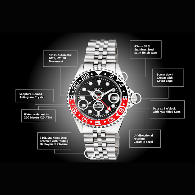 Gevril Men's 4952B Wall Street Swiss Automatic Ceramic Bezel Steel Date Watch