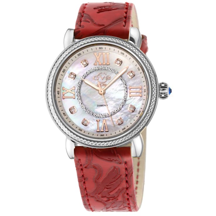 GV2 Womens Marsala 316L Stainless Steel Case, White MOP Dail, Genuine
Red Embossed Leather Strap.