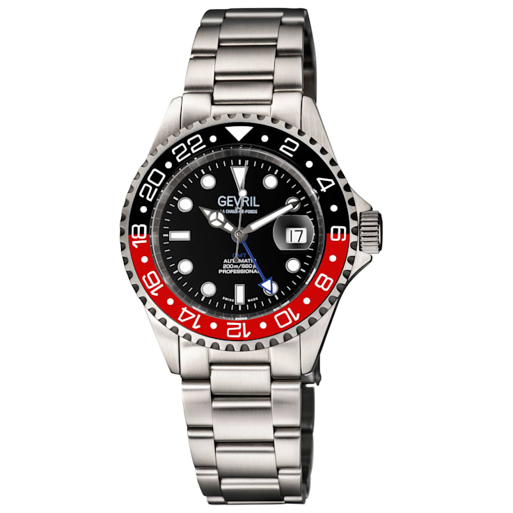 Gevril Men's Wall Street GMT BLK Dial BLK/RED Ceramic Bezel Stainless
Steel Bracelet