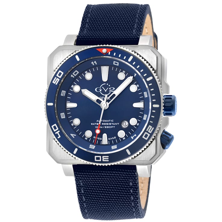 GV2 Men's XO Submarine, SS Case, SS/BLUE Bezel, Black Dial, Genuine Blue
Canvas Strap