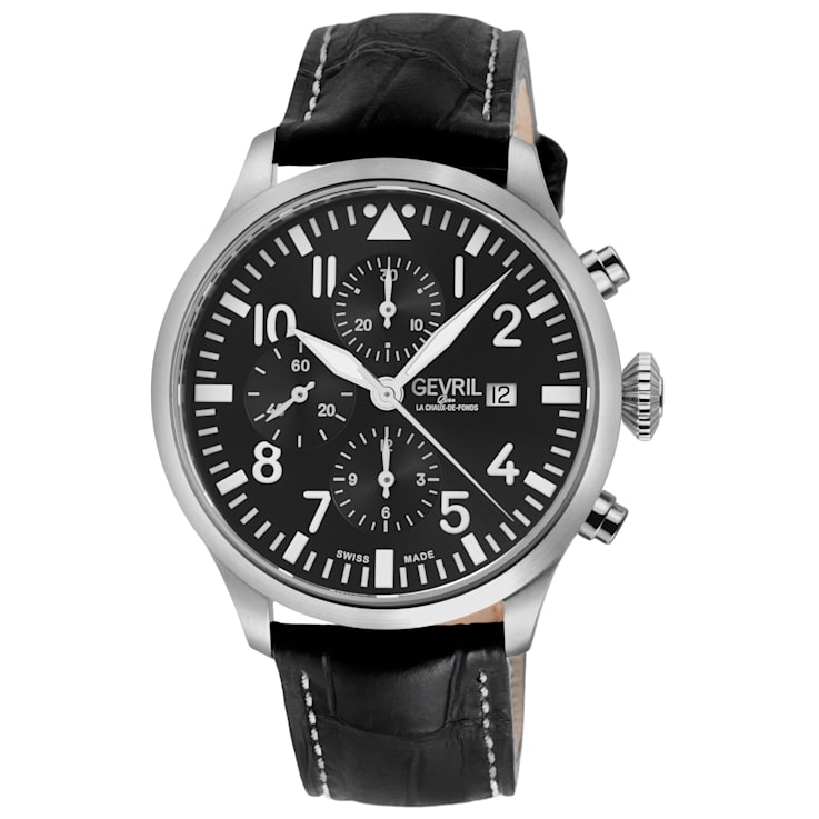 Gevril Men's Vaughn 316L Stainless Steel Case, Black Dial, Genuine Black
Leather Watch