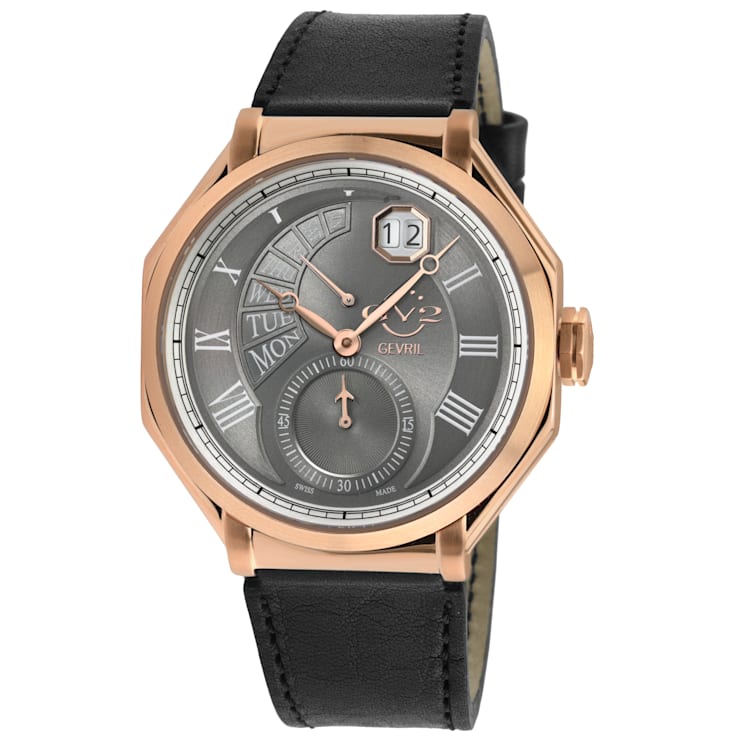 GV2 by Gevril Mens 42423 Marchese IPRG Black Leather Day/Date Swiss
Quartz Watch