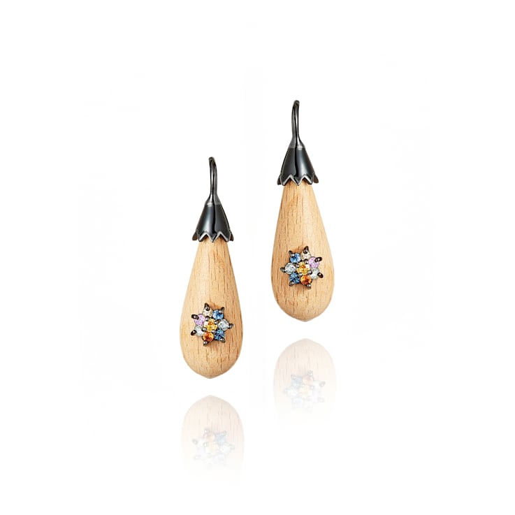 MCL Design Light Wood Sapphire Flower Drop Earrings