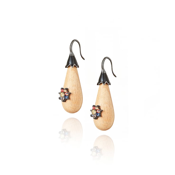 MCL Design Light Wood Sapphire Flower Drop Earrings