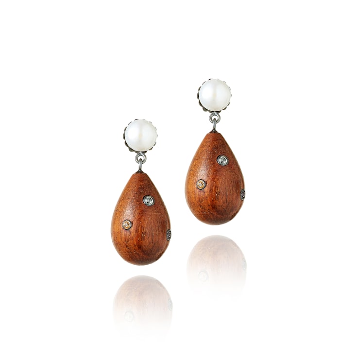 MCL Design Sapphire Pearl Wood Drop Earrings