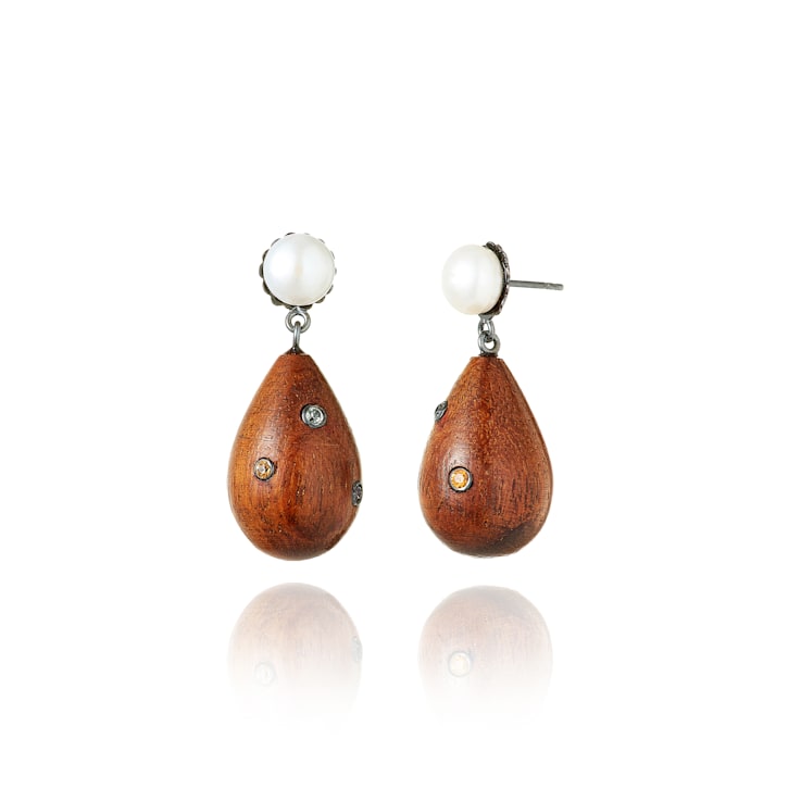 MCL Design Sapphire Pearl Wood Drop Earrings