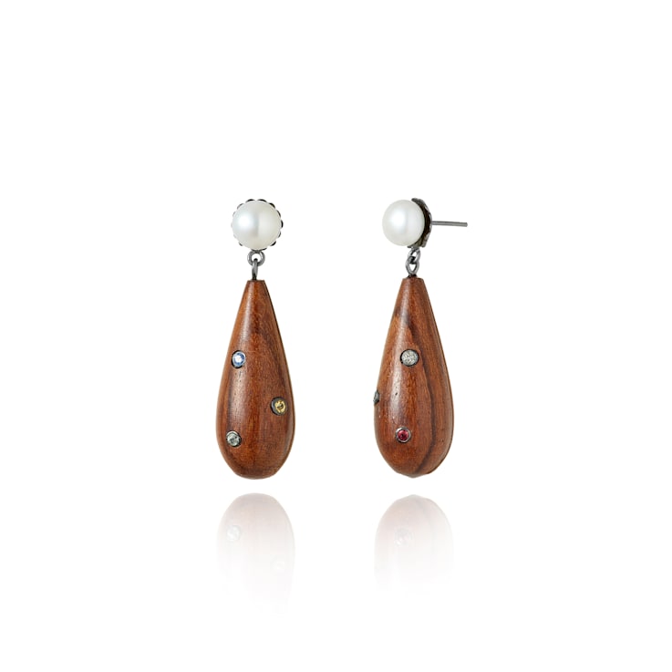 MCL Design Sapphire Wood Pearl Drop Earrings