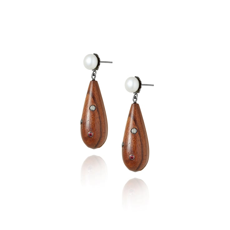 MCL Design Sapphire Wood Pearl Drop Earrings