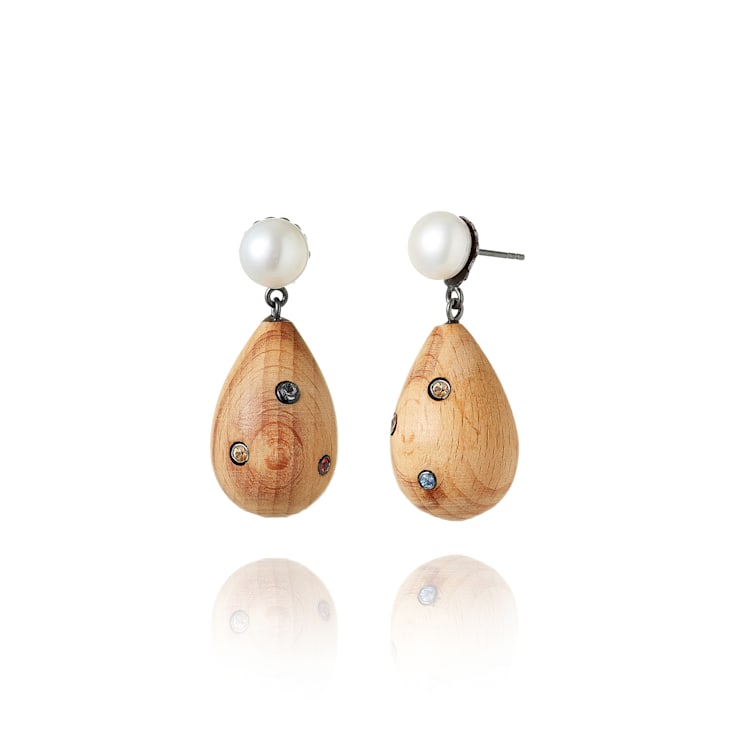 MCL Design Sapphire Pearl Wood Drop Earrings