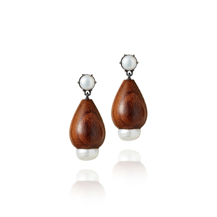 MCL Design Pearl Wood Drop Earrings