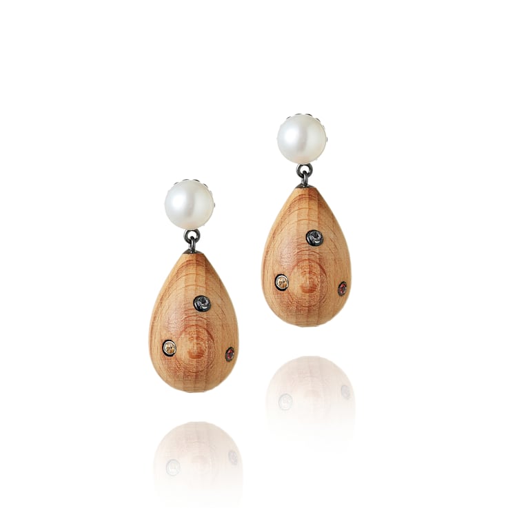 MCL Design Sapphire Pearl Wood Drop Earrings