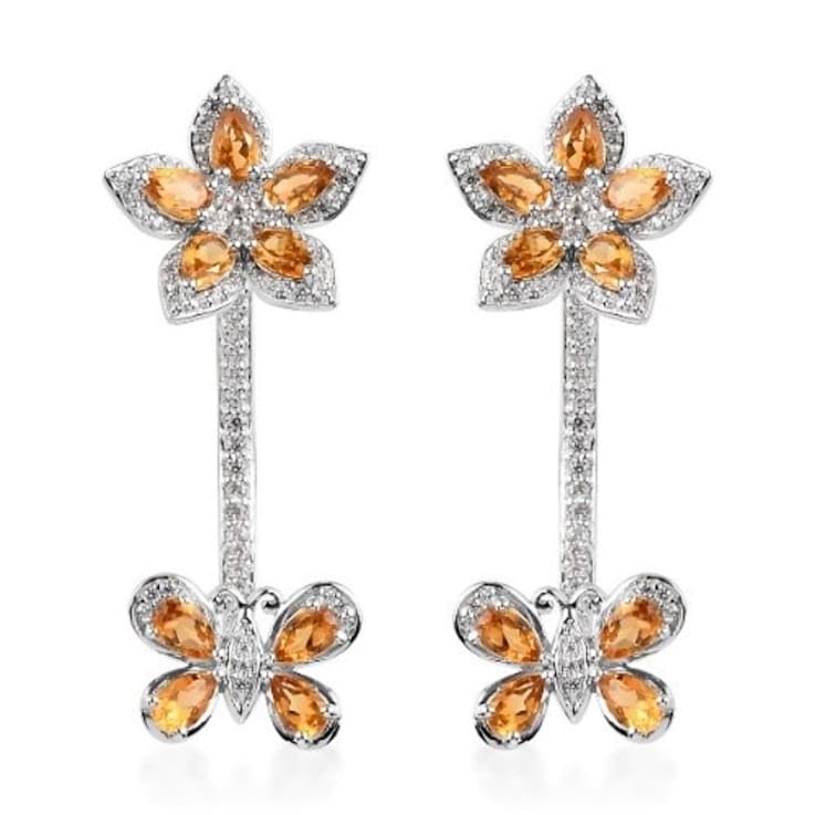Sterling Silver 2 in 1 Citrine Flower and Butterfly Drop Earrings