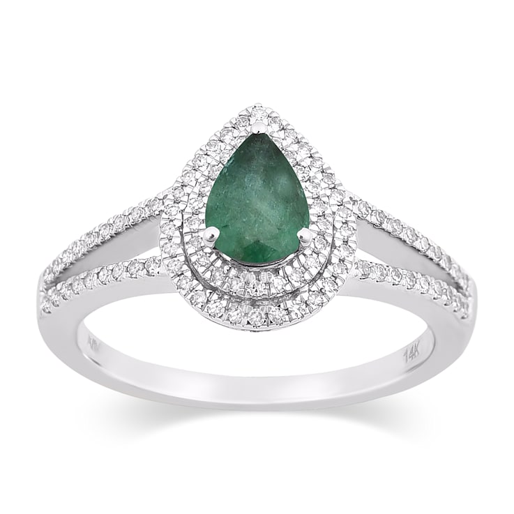 14K White Gold, 0.64ctw  Pear Emerald & 0.23ctw Diamond Split Shank Ring