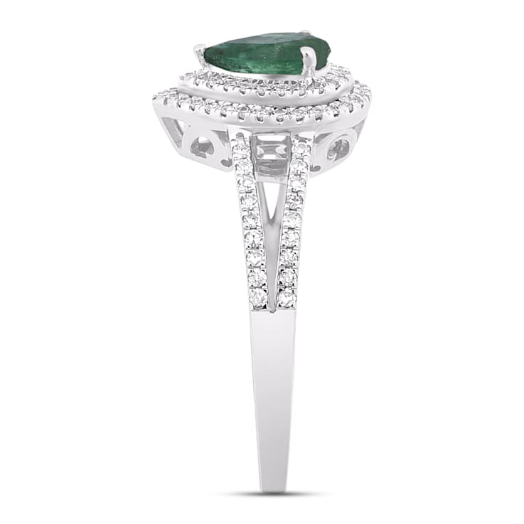 14K White Gold, 0.64ctw  Pear Emerald & 0.23ctw Diamond Split Shank Ring