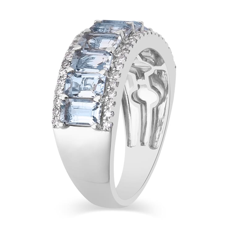 14kt White Gold, Emerald Cut Aquamarine and Diamond Fashion Ring