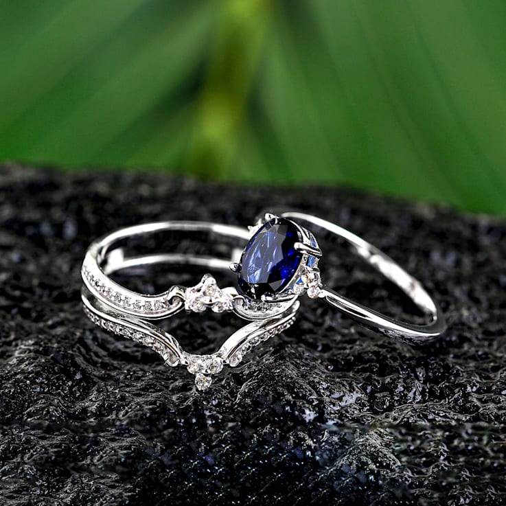 925 Sterling Silver ,Created Blue Sapphire and Created White Sapphire
Gemstone Bridal Ring-Set