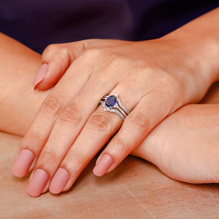 925 Sterling Silver ,Created Blue Sapphire and Created White Sapphire
Gemstone Bridal Ring-Set