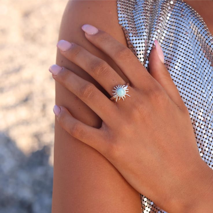 Round Larimar Sunburst Rhodium Over Sterling Silver Ring