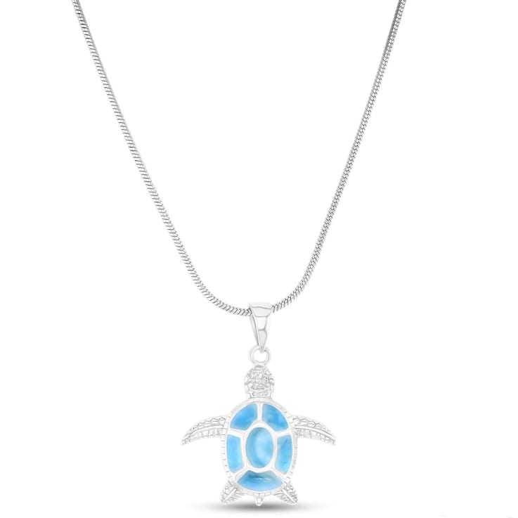 Textured Larimar Turtle Adjustable Rhodium Over Sterling Silver Necklace