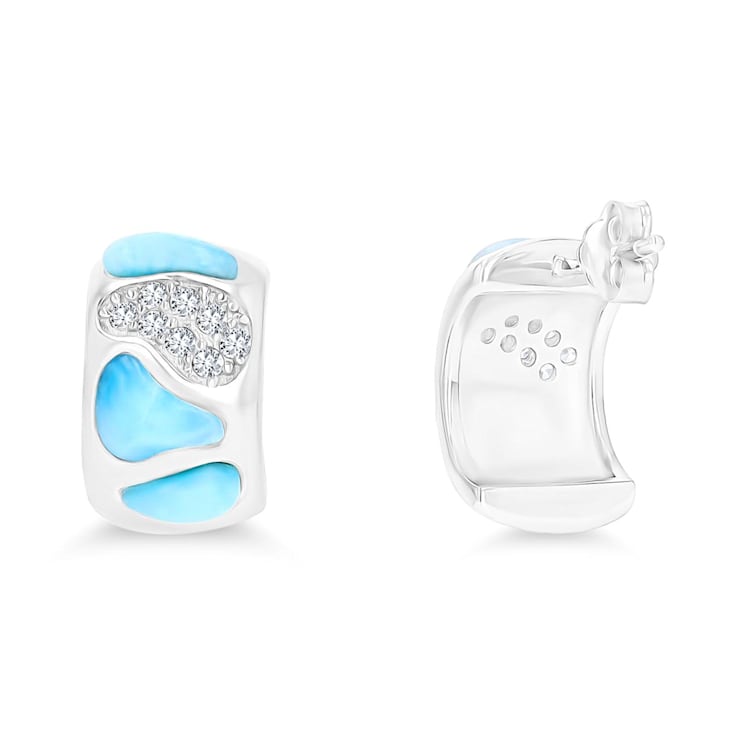 Larimar and Cubic Zirconia Mosaic Rhodium Over Sterling Silver Half Hoop Earring