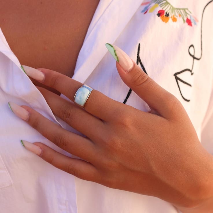 Larimar Front Rhodium Over Sterling Silver Band