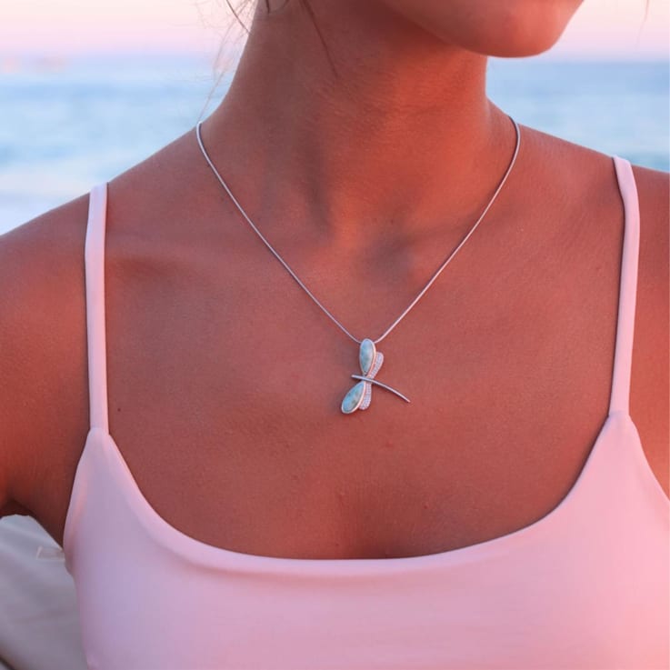 Larimar and Cubic Zirconia Dragonfly Rhodium Over Sterling Silver
Adjustable Necklace