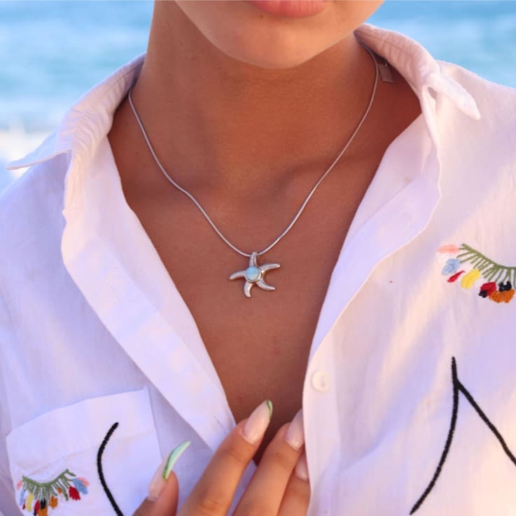 Larimar and Cubic Zirconia Starfish Rhodium Over Sterling Silver
Adjustable Necklace