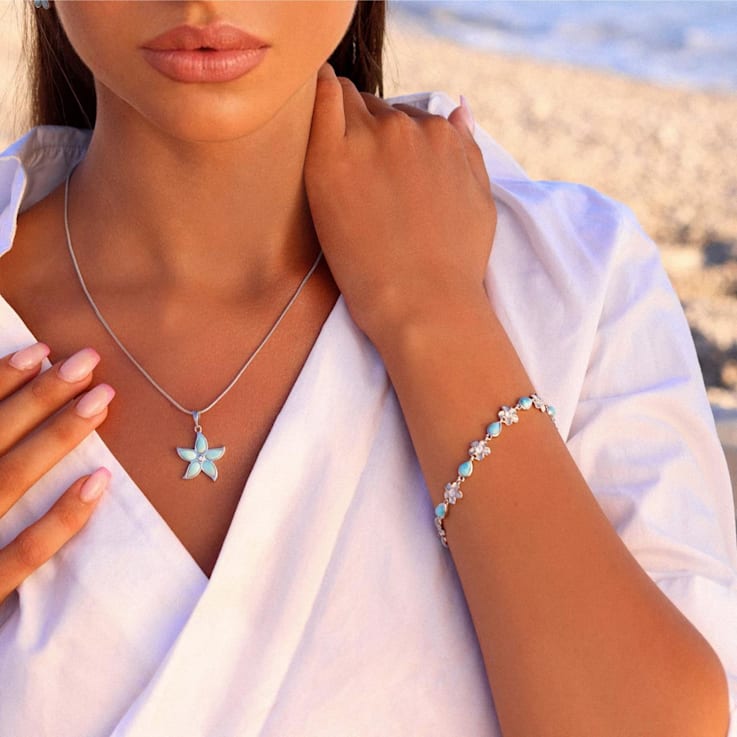 Pear Shaped Larimar Rhodium Over Sterling Silver Flower Bracelet