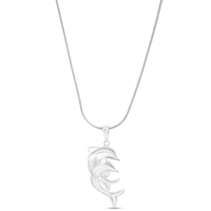 Larimar Double Dolphin Rhodium Over Sterling Silver Adjustable Necklace