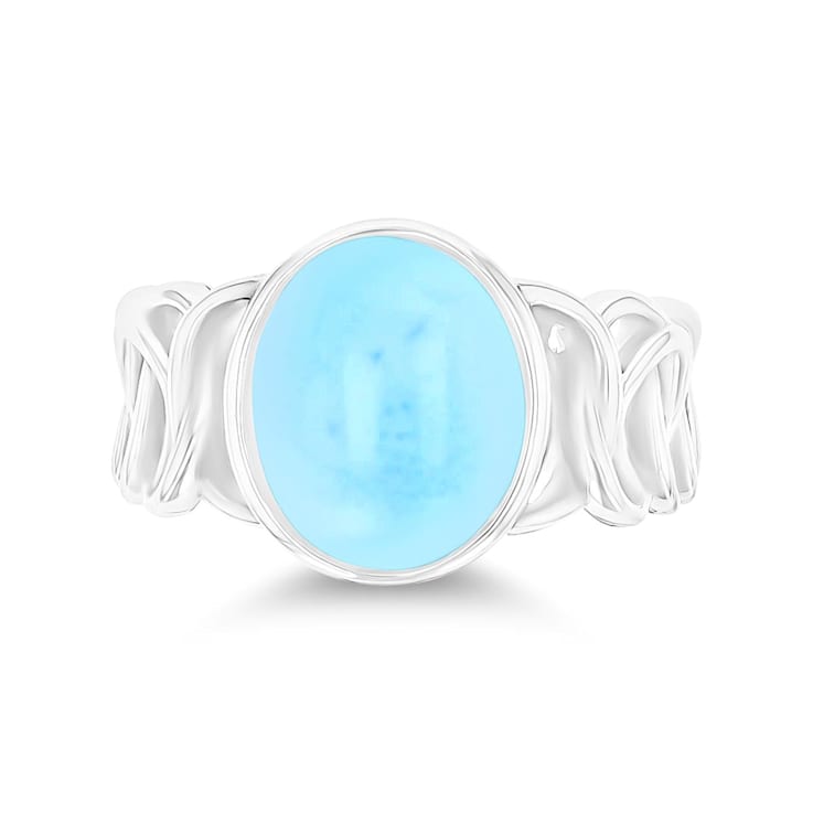 Oval Larimar Rhodium Over Sterling Silver Chain Shank Ring