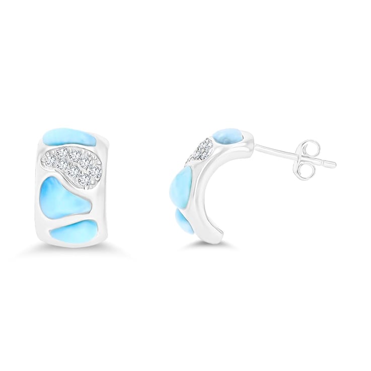 Larimar and Cubic Zirconia Mosaic Rhodium Over Sterling Silver Half Hoop Earring