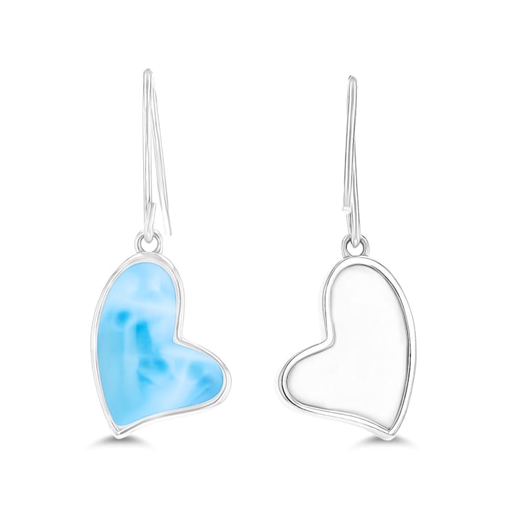 Larimar Heart Dangling Rhodium Over Sterling Silver Fishhook Earring