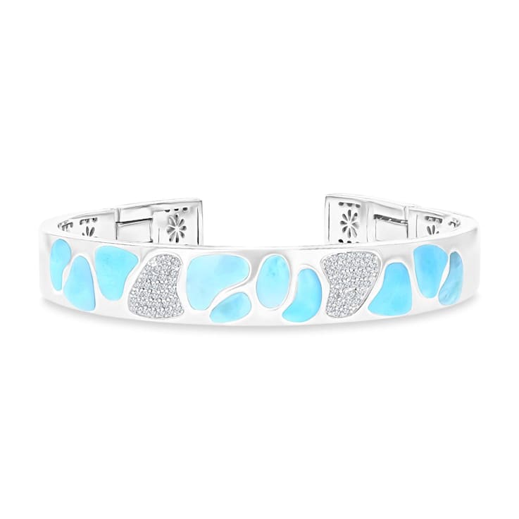 Larimar and Cubic Zirconia Rhodium Over Sterling Silver Mosaic Bangle Bracelet
