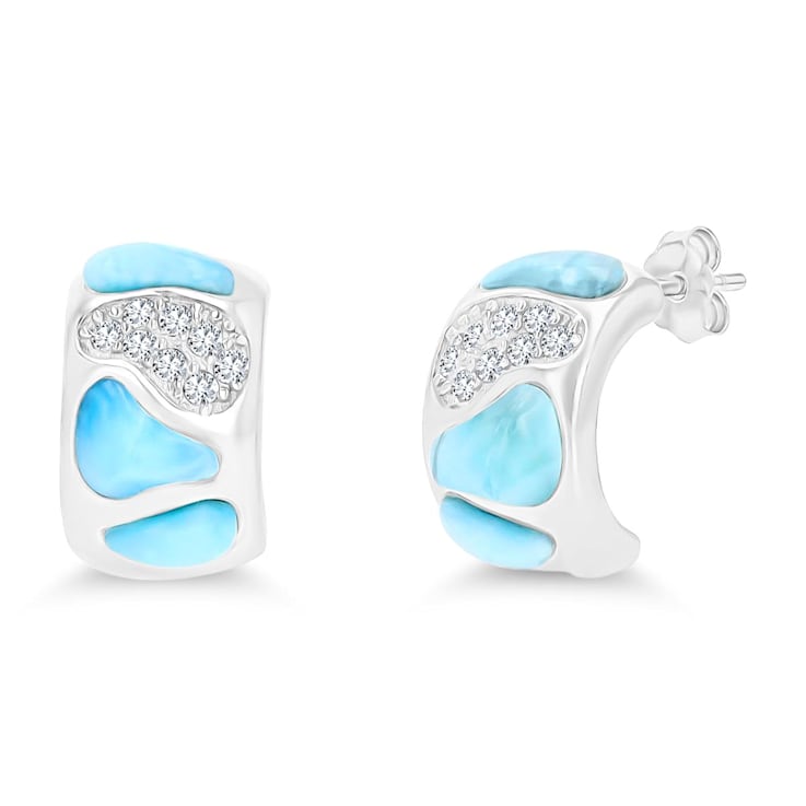 Larimar and Cubic Zirconia Mosaic Rhodium Over Sterling Silver Half Hoop Earring