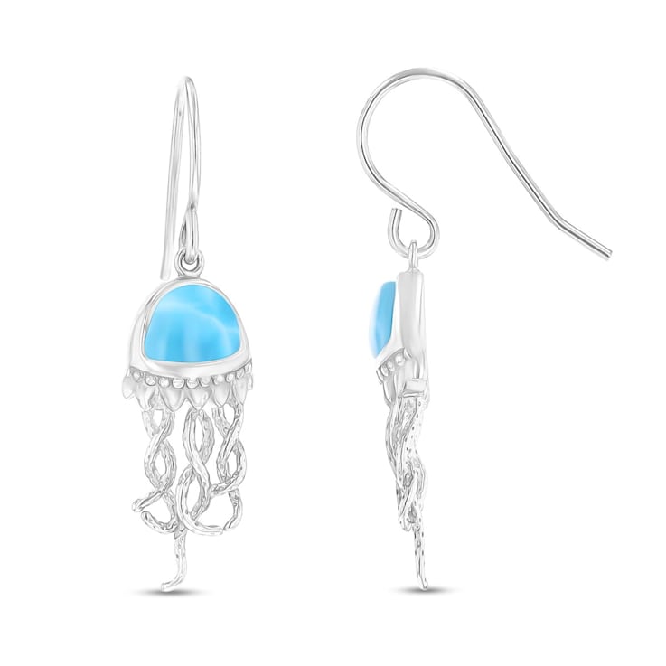 Larimar Jellyfish Rhodium Over Sterling Silver Fishhook Earrings