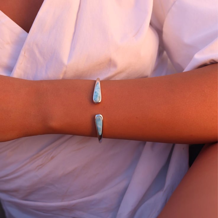 Graduated Larimar Rhodium Over Sterling Silver Bangle Bracelet