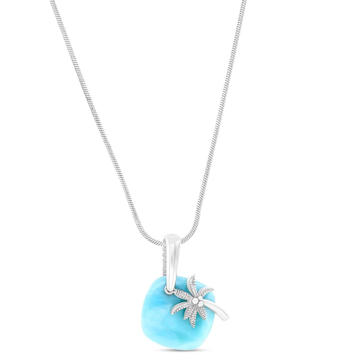 Larimar Plate Palm Tree Rhodium Over Sterling Silver Adjustable Necklace