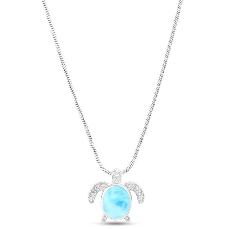 Textured Larimar Turtle Rhodium Over Sterling Silver Adjustable Necklace