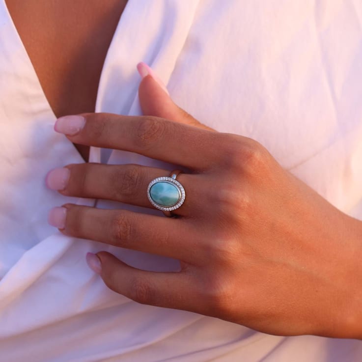 Larimar and Cubic Zirconia Rhodium Over Sterling Silver Halo Ring